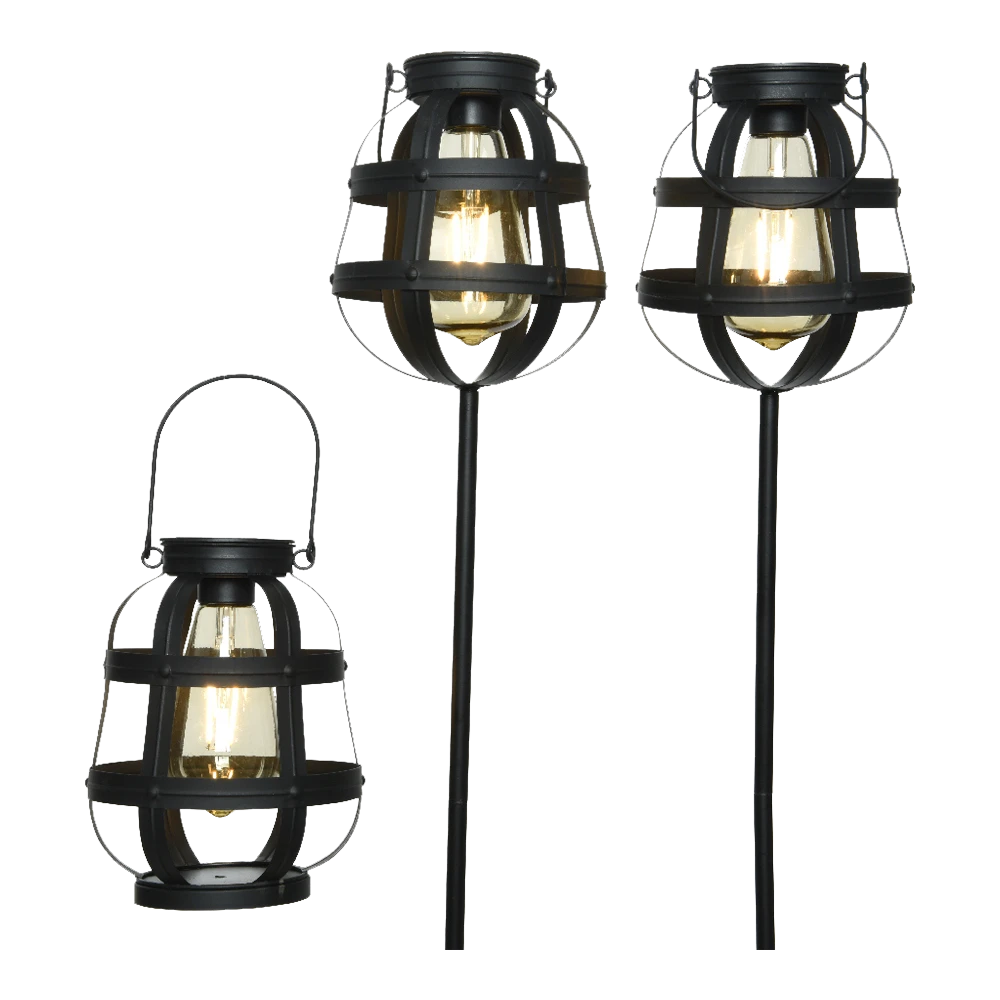 Lumineo Solar Set Met Tuinlamp En Lantaarn - LED - D14 X H80cm - Zwart - 3st. - Afbeelding 4